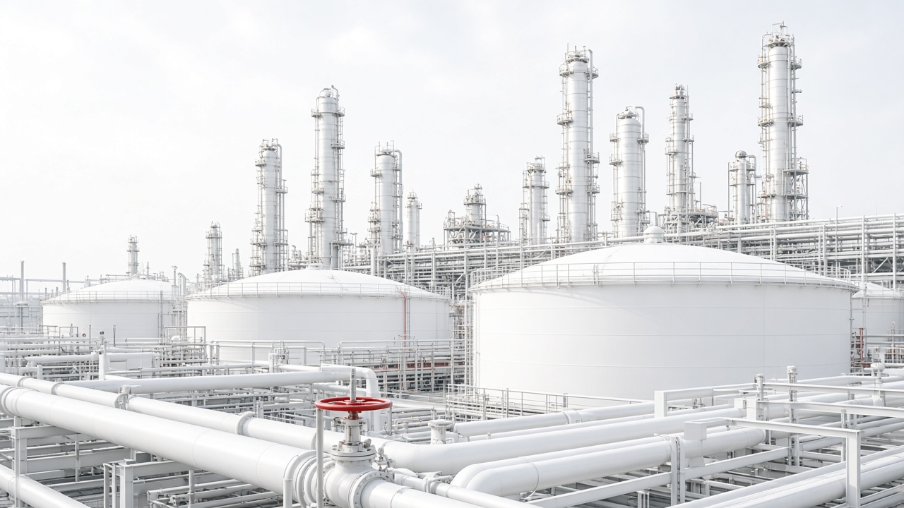 Process columns, tanks, and plant piping at an industrial facility under a bright sky