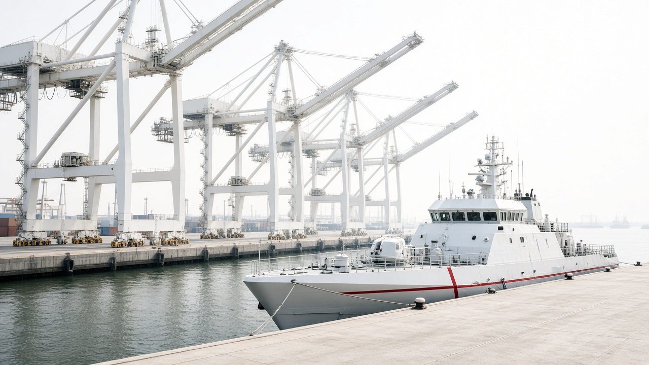 Patrol vessel alongside a container terminal