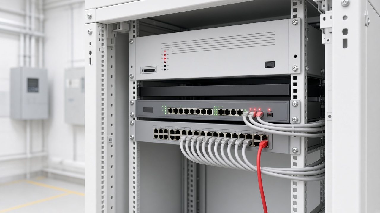 Small firewall and network switch mounted in a plant network rack