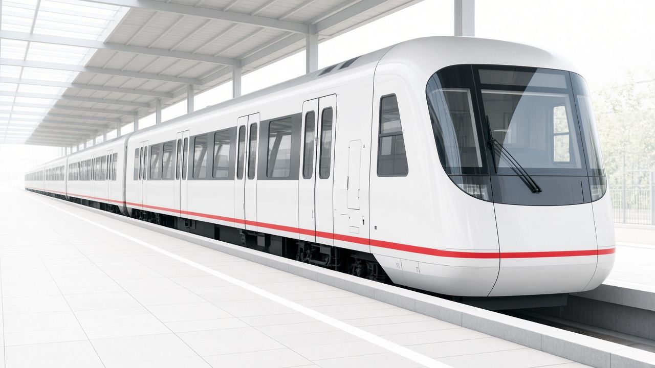 White passenger train at a bright station platform
