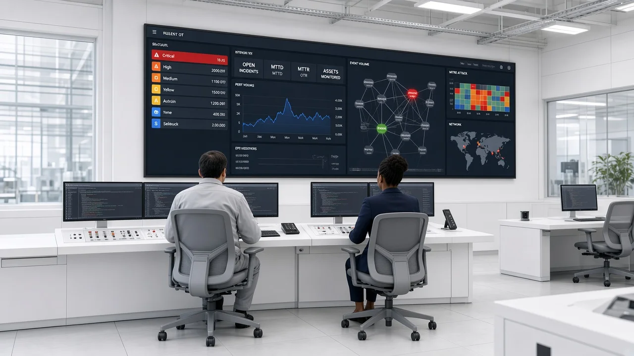 Two SOC analysts monitoring a live SIEM dashboard with a new critical alert for 24x7 OT managed security