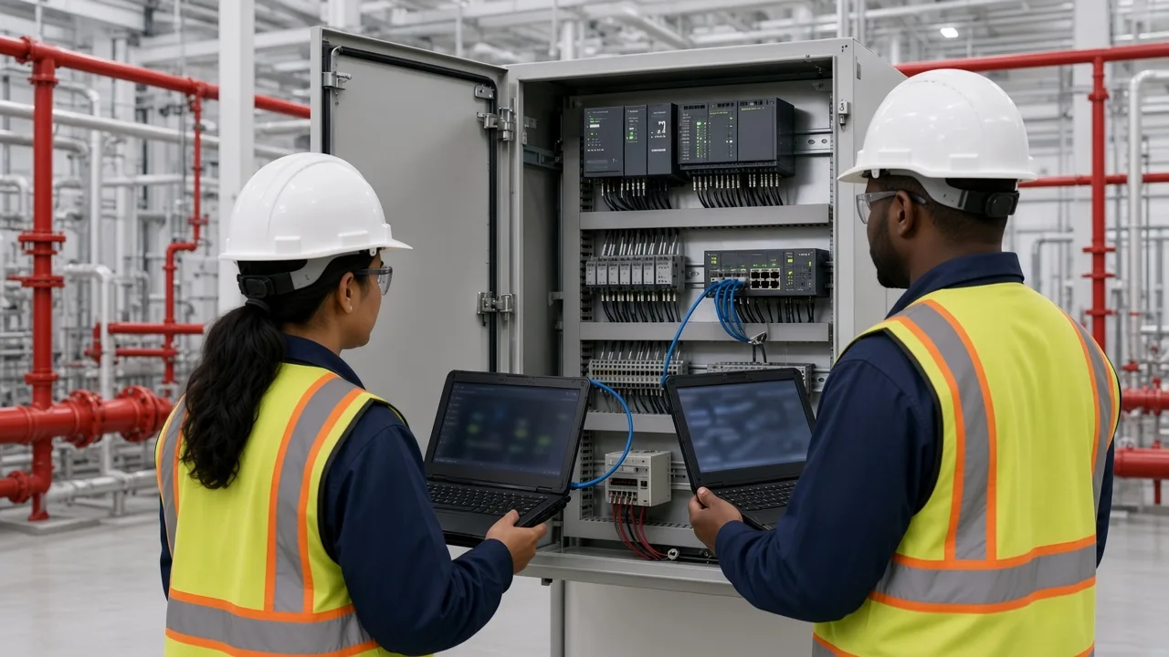 Red Tiger OT security engineers with laptops assessing an open PLC control cabinet