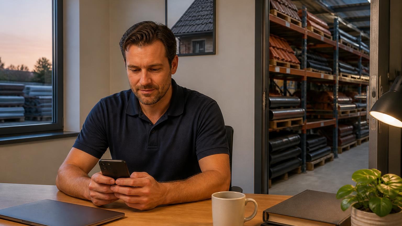 Dakwerker zit 's avonds aan zijn bureau in het kantoortje naast het magazijn en kijkt twijfelend naar zijn gsm.