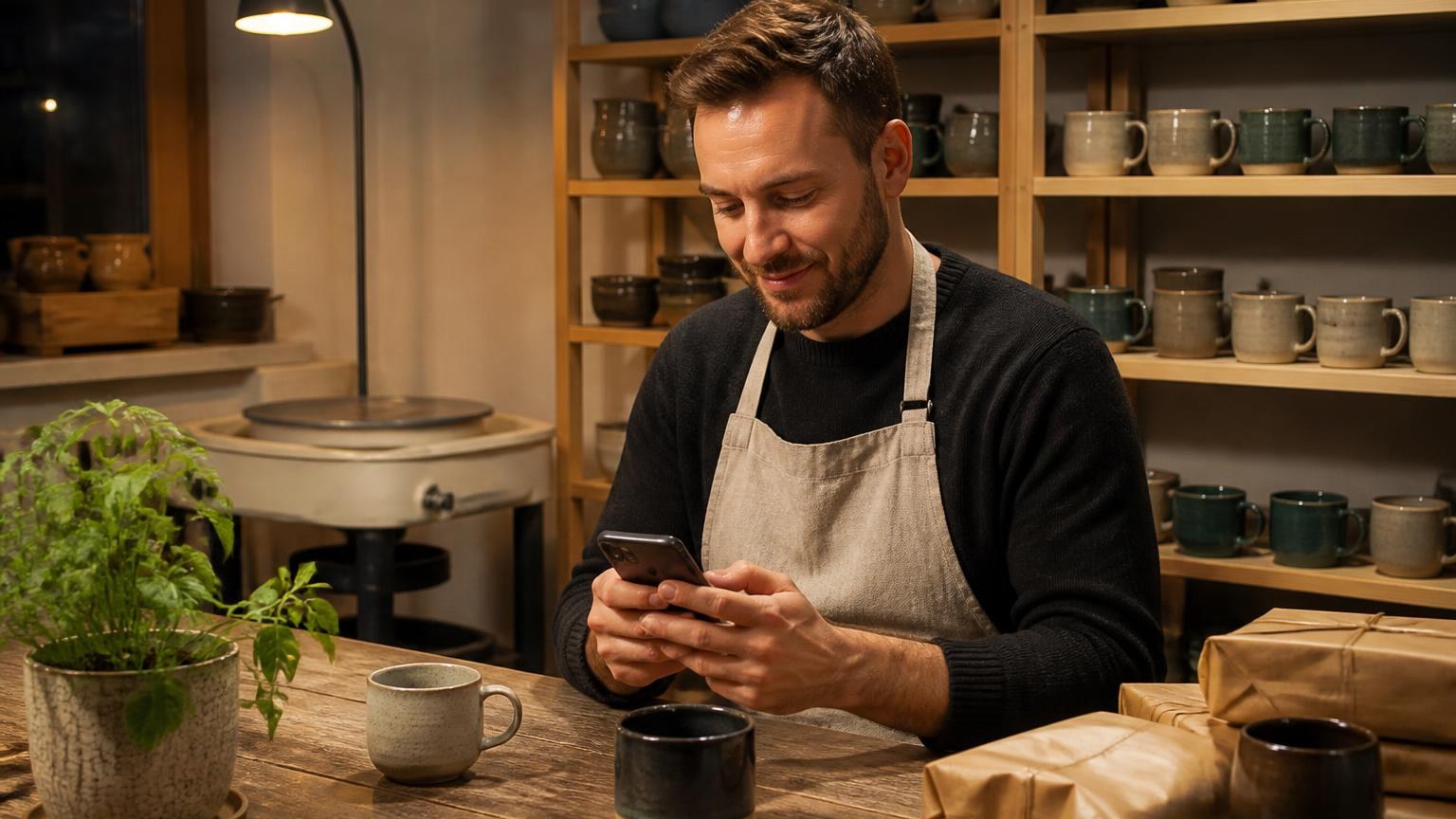 Keramist zit 's avonds aan zijn werktafel tussen ingepakte mokken en typt op zijn smartphone, met rekken vol mokken achter hem