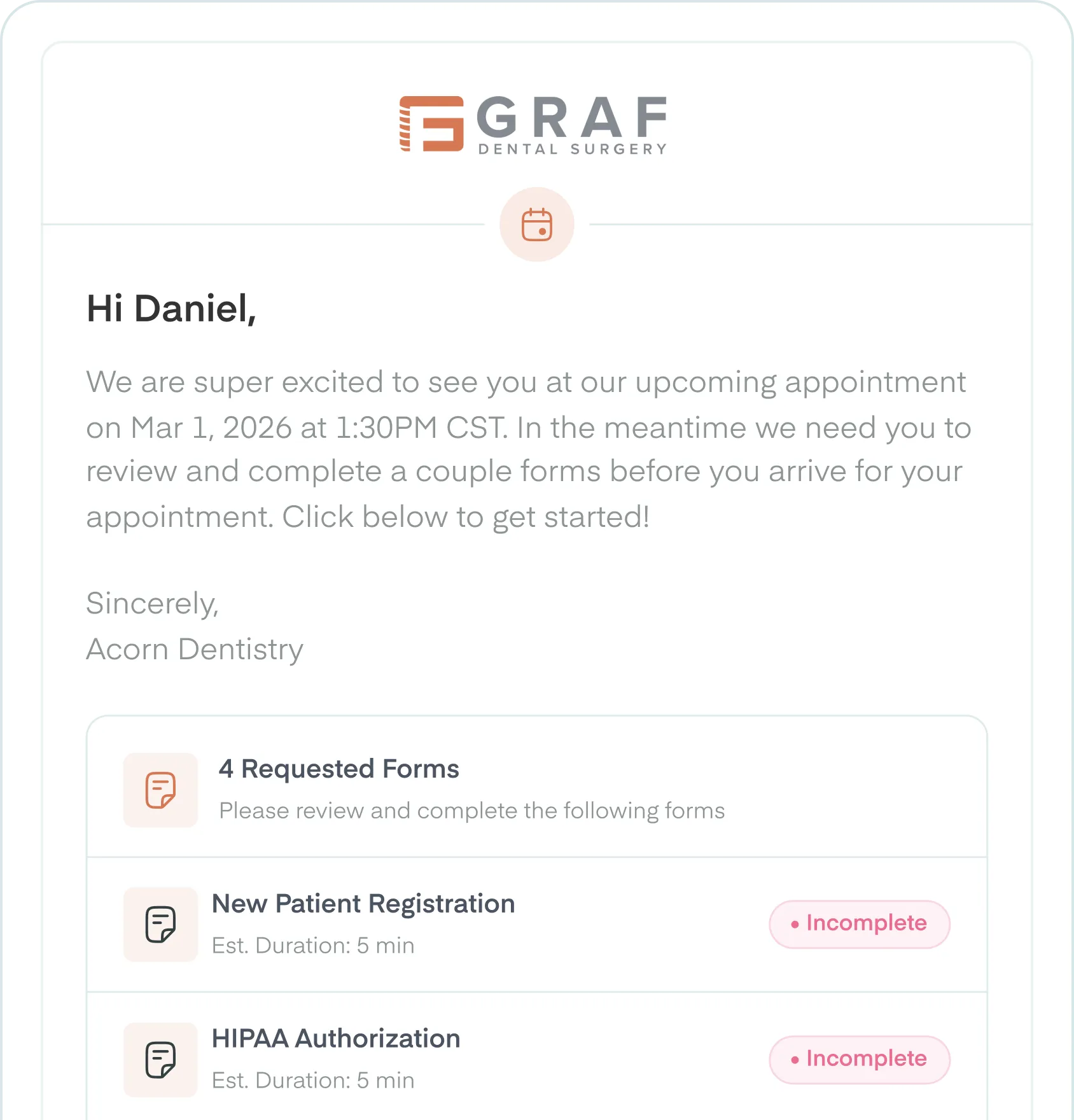 Axle branded pre-appointment forms request email for GRAF Dental Surgery showing requested forms and completion status