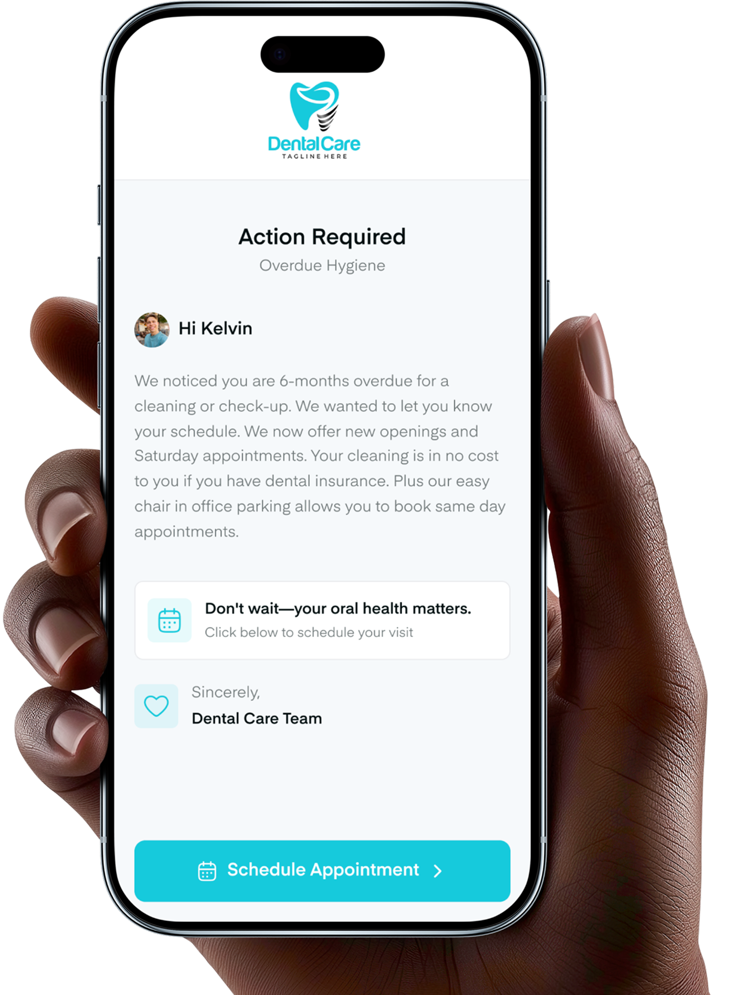 Axle overdue hygiene recall message on mobile with schedule appointment call-to-action