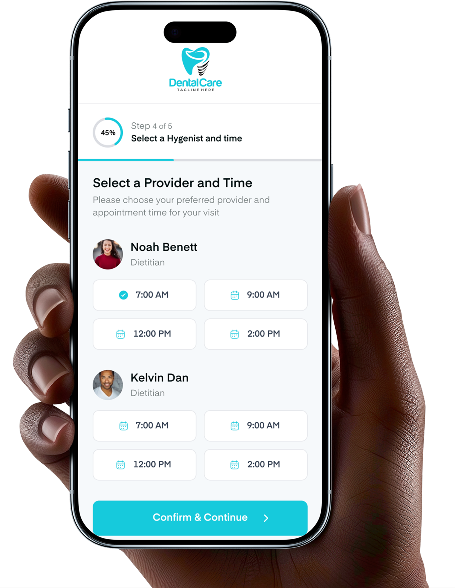 Axle appointment booking app on mobile showing provider and time slot selection step