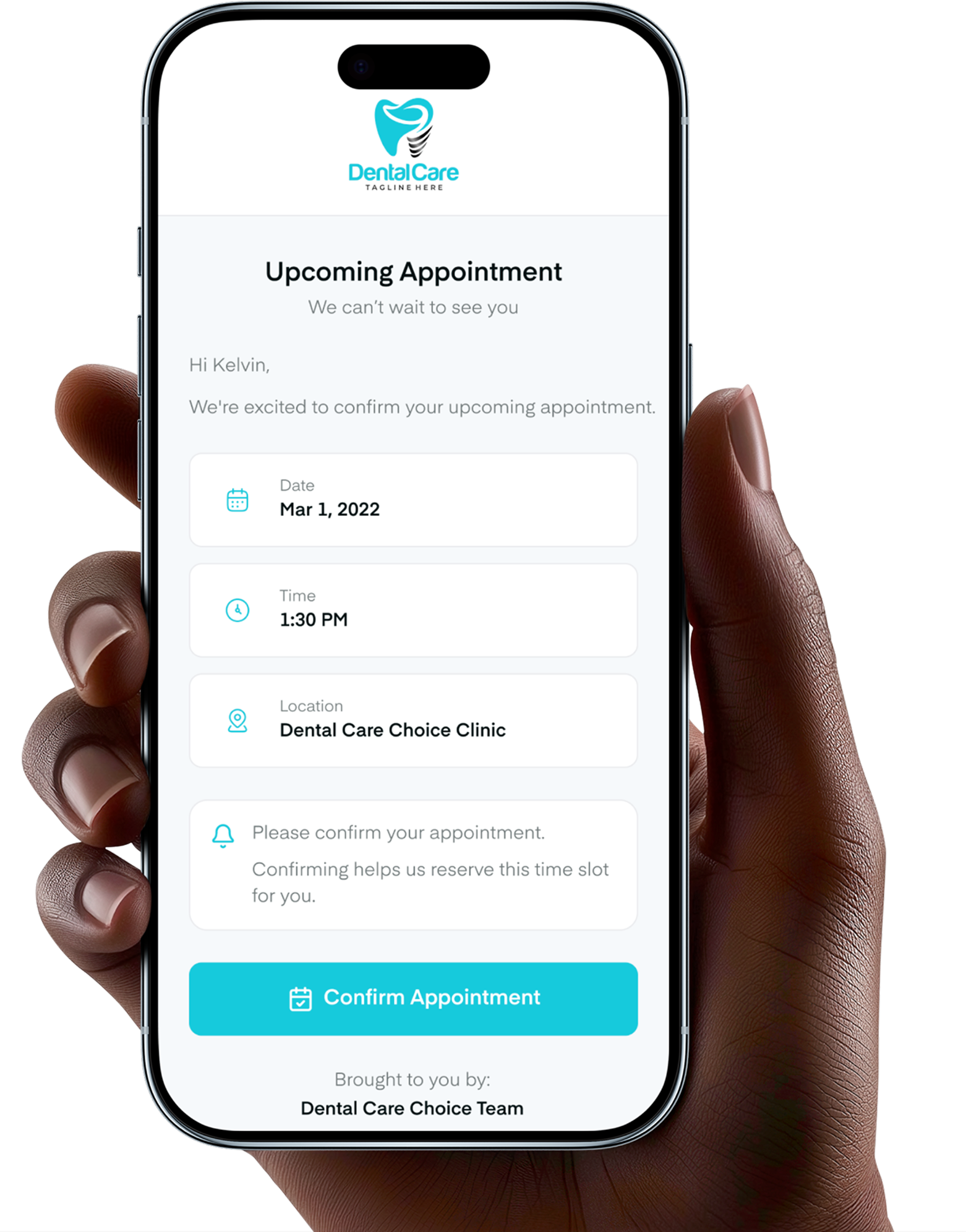 Axle upcoming appointment confirmation on mobile showing date, time, location, and confirm button