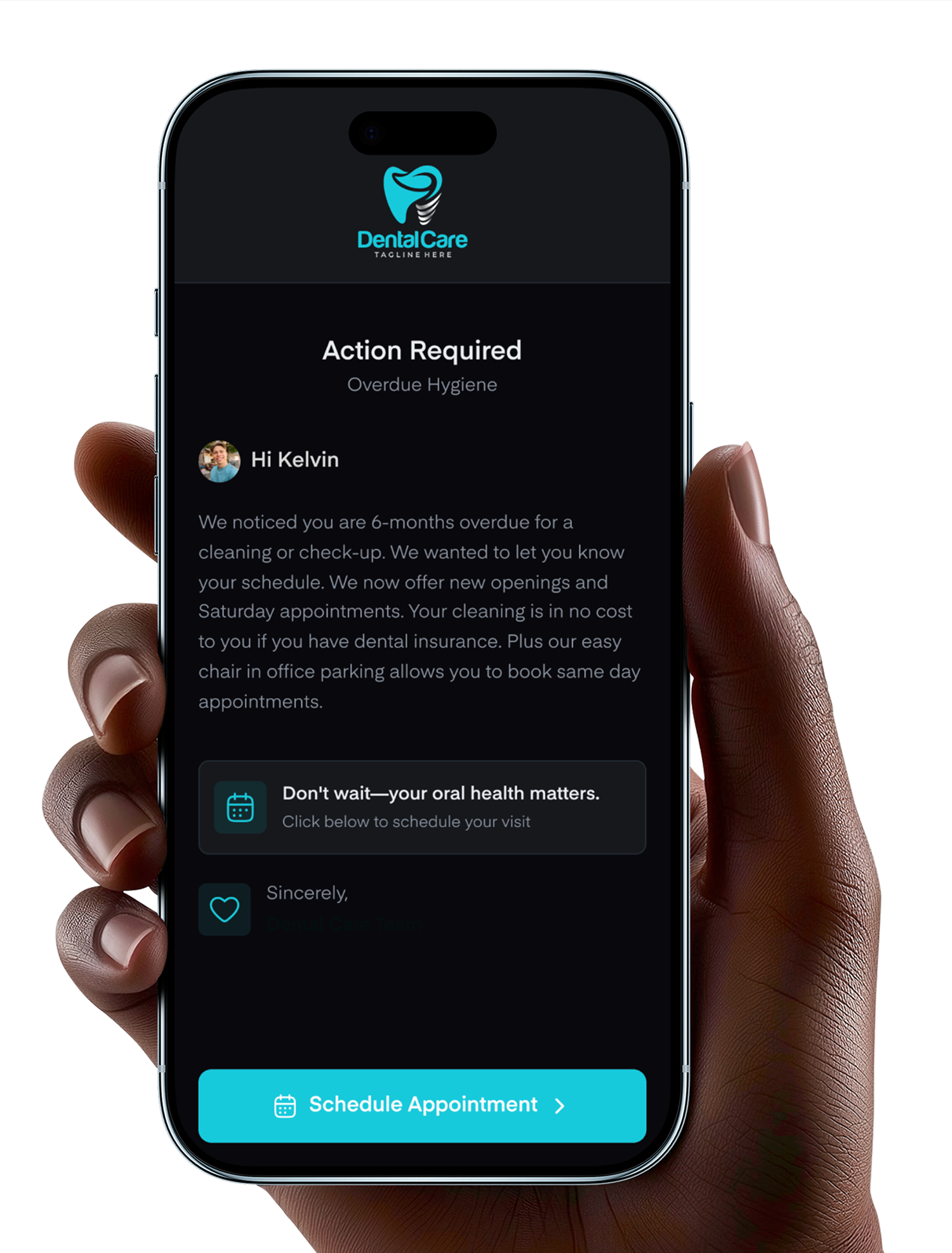 Axle overdue hygiene recall message on mobile in dark mode with schedule appointment call-to-action