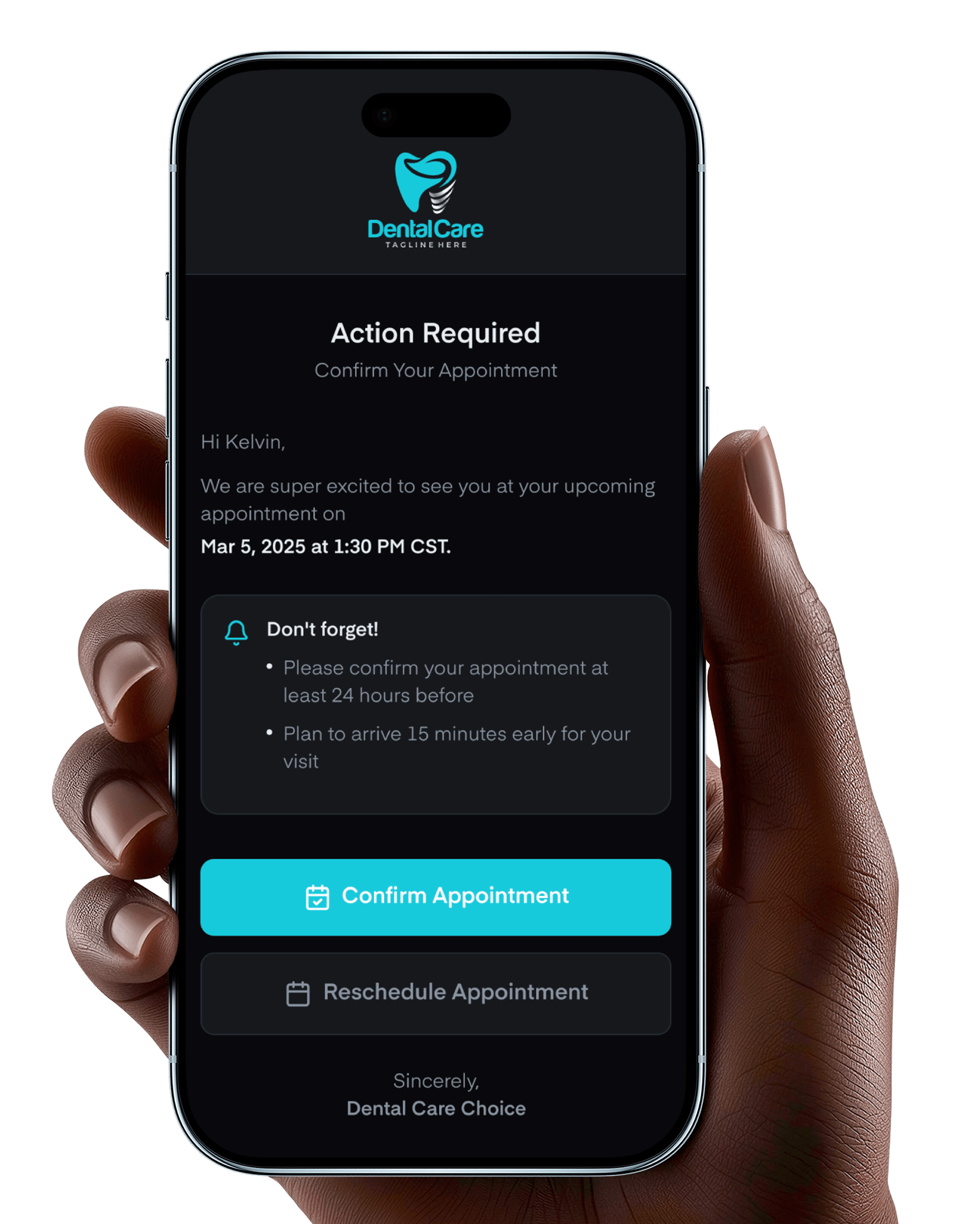Axle appointment reminder message on mobile in dark mode with confirm or reschedule appointment options