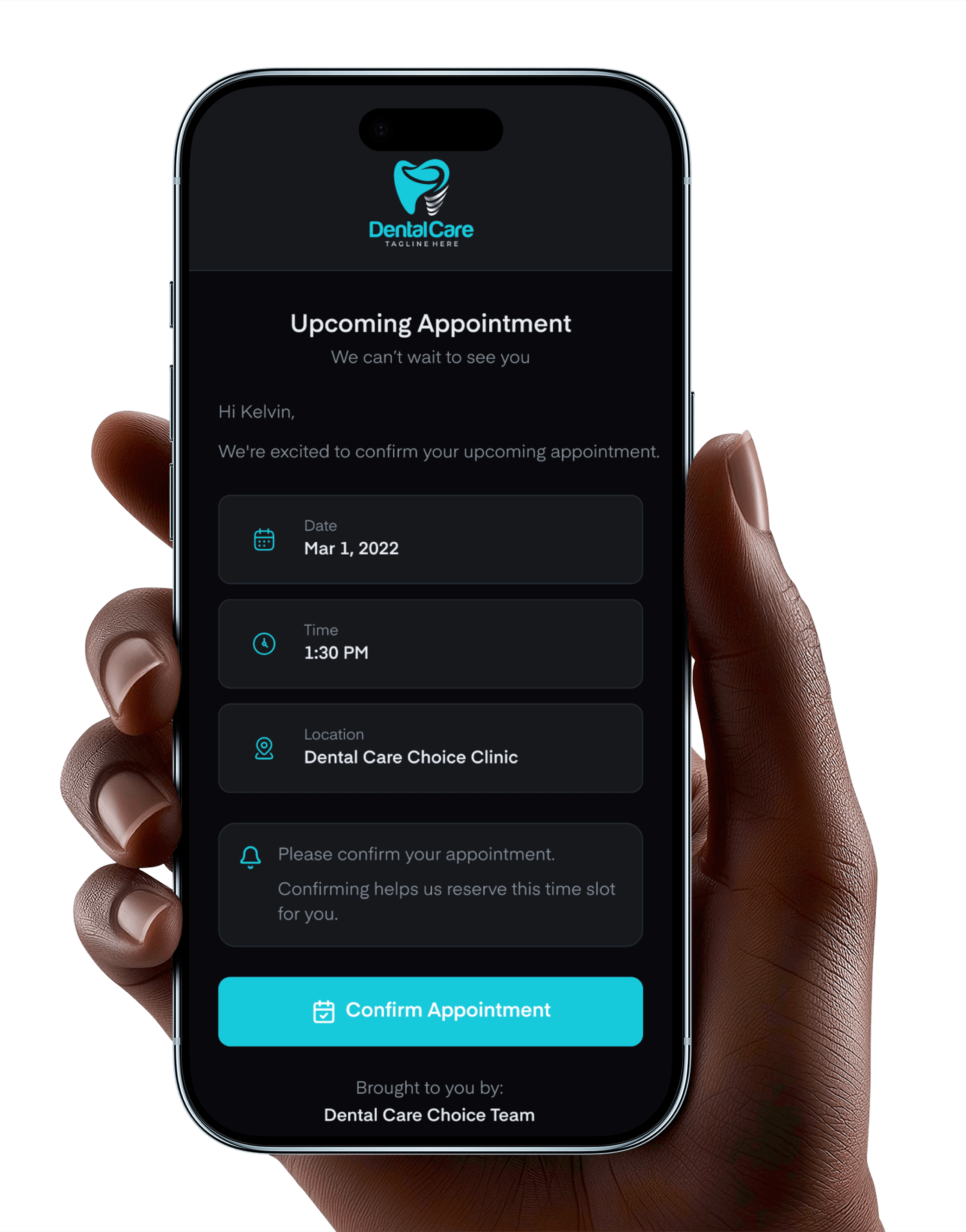 Axle upcoming appointment confirmation on mobile in dark mode showing date, time, location, and confirm button