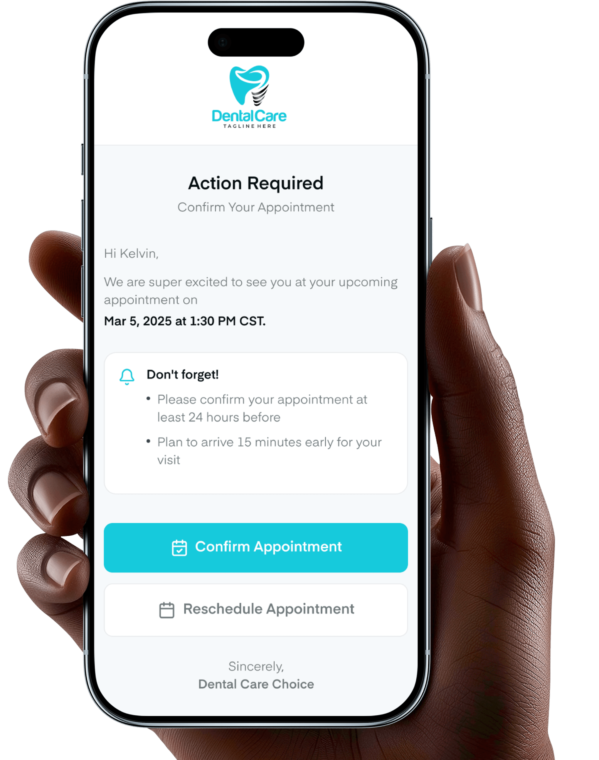 Axle appointment reminder message on mobile with confirm or reschedule appointment options
