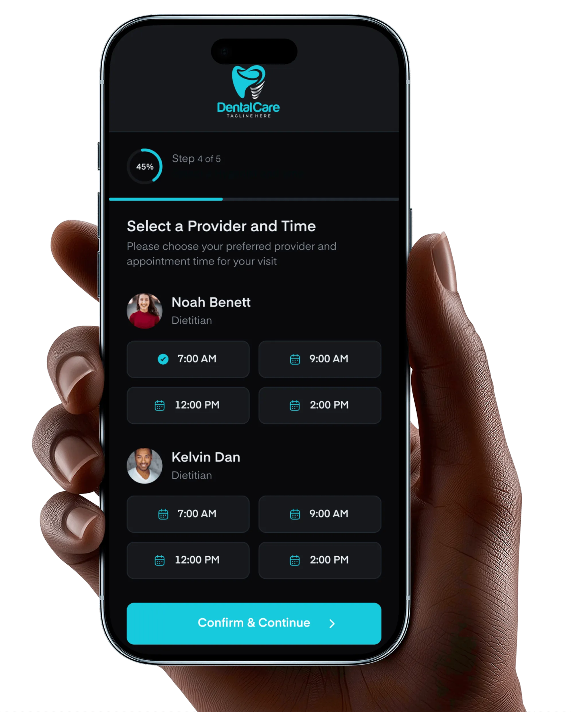 Axle appointment booking app on mobile in dark mode showing provider and time slot selection step