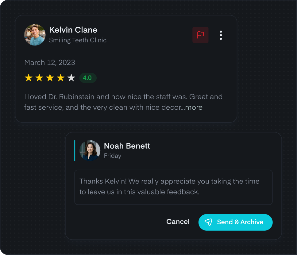 Axle Review Radar in dark mode showing a patient review with a drafted reply ready to send