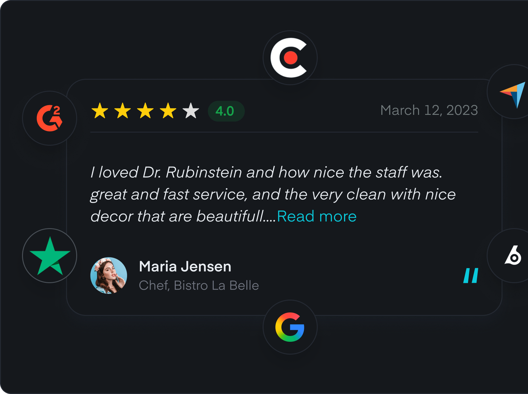 Axle patient review syndicated in dark mode across Google, G2, Trustpilot, and other review platforms