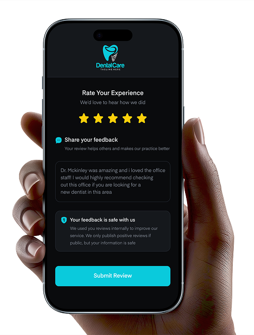 Axle review request app on mobile in dark mode showing 5-star rating and feedback submission form