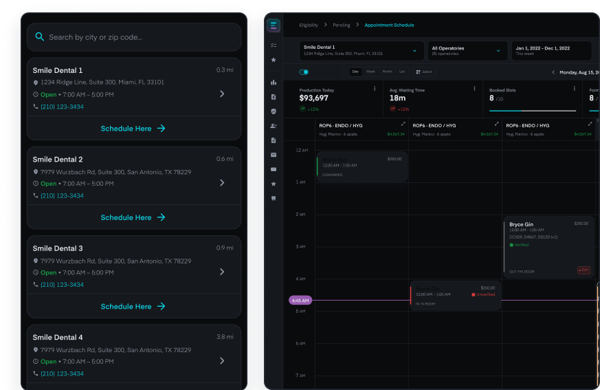 Axle patient self-scheduling location list alongside the appointment schedule dashboard