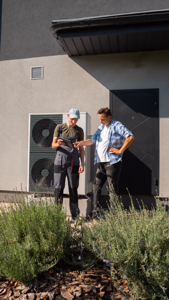 Technician showing information on a tablet to a homeowner standing outside near a wall-mounted HVAC unit.
