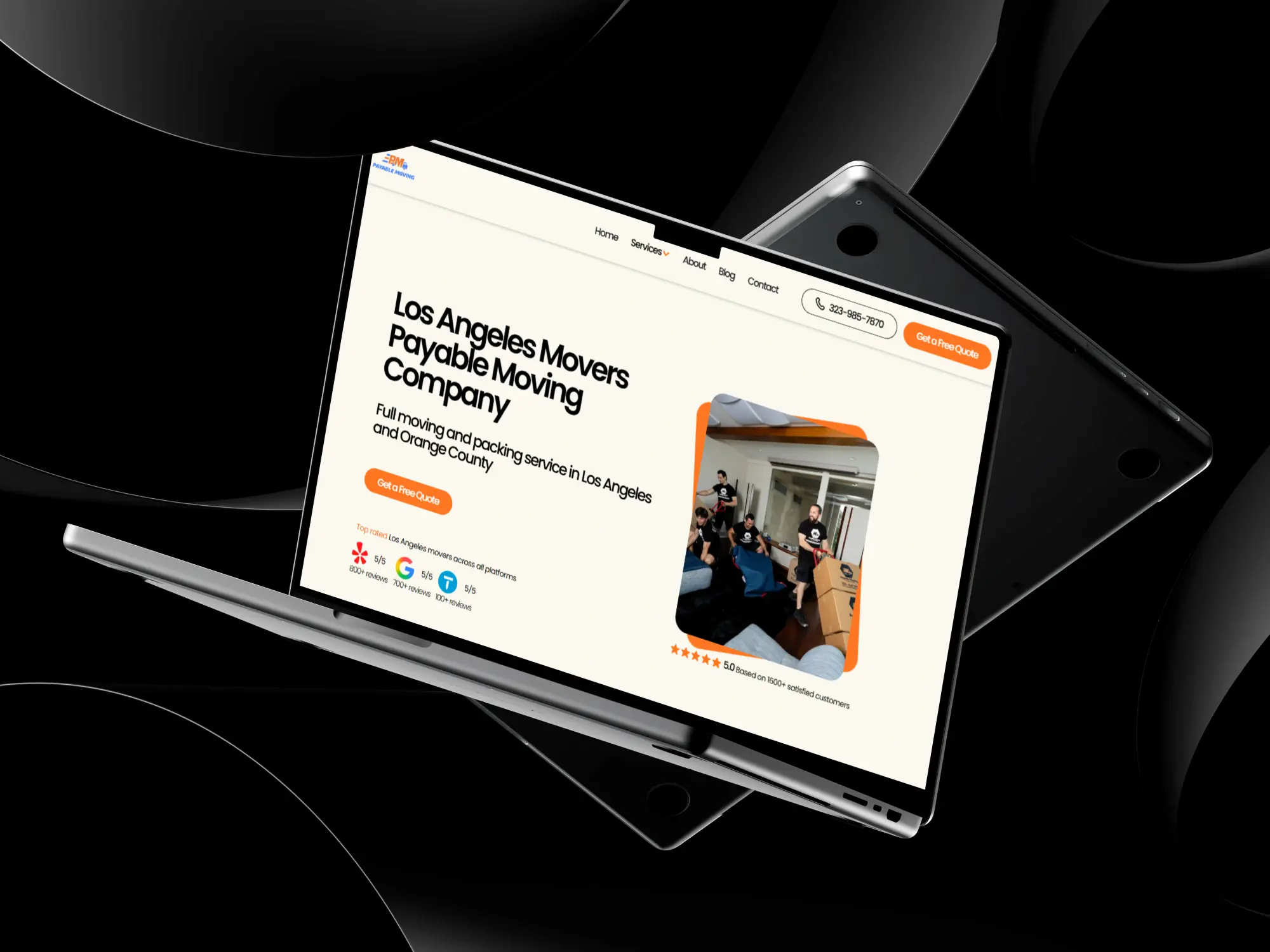 Laptop mockup showcasing the Payable Moving website homepage for a Los Angeles moving company