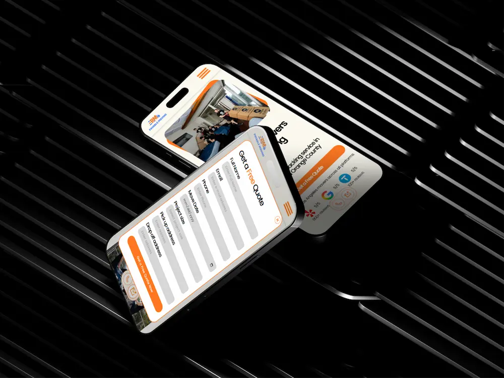 Premium mobile UI showcase featuring the Payable Moving quote request form