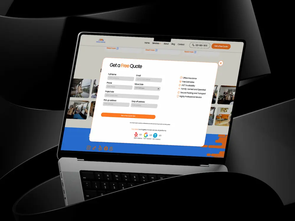 Quote request popup design for a Los Angeles moving company website focused on increasing conversions