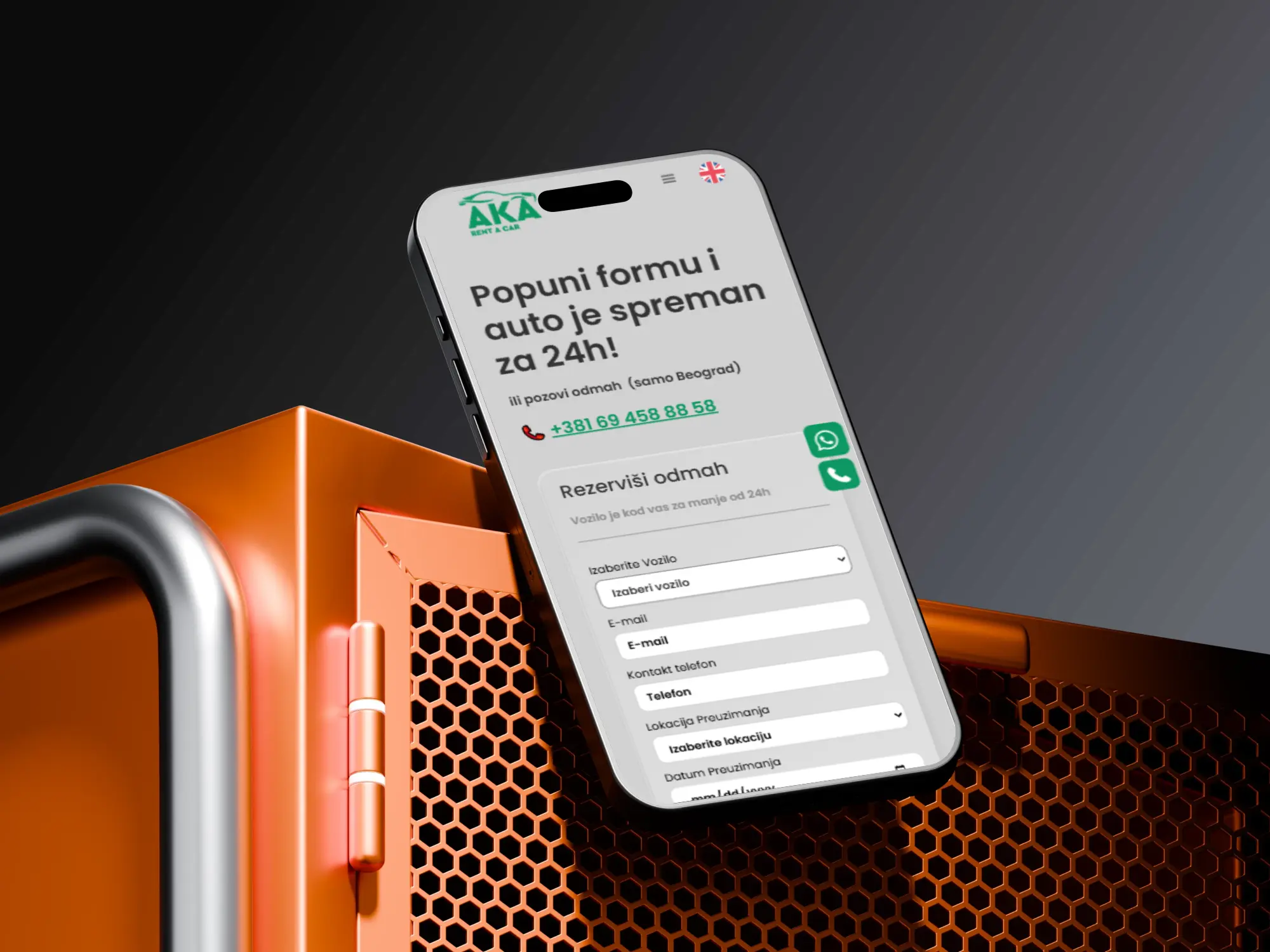 Mobile view of the Rent a car aka website showcasing the vehicle reservation form and optimized car rental booking experience.