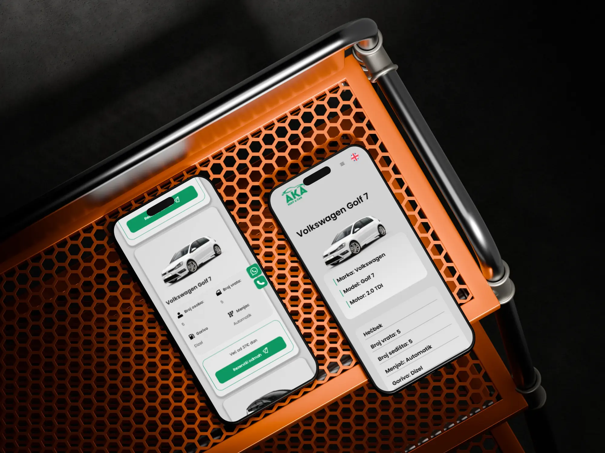 Mobile vehicle catalog and car details pages for AKA Rent a Car, designed to simplify vehicle selection and online reservations.