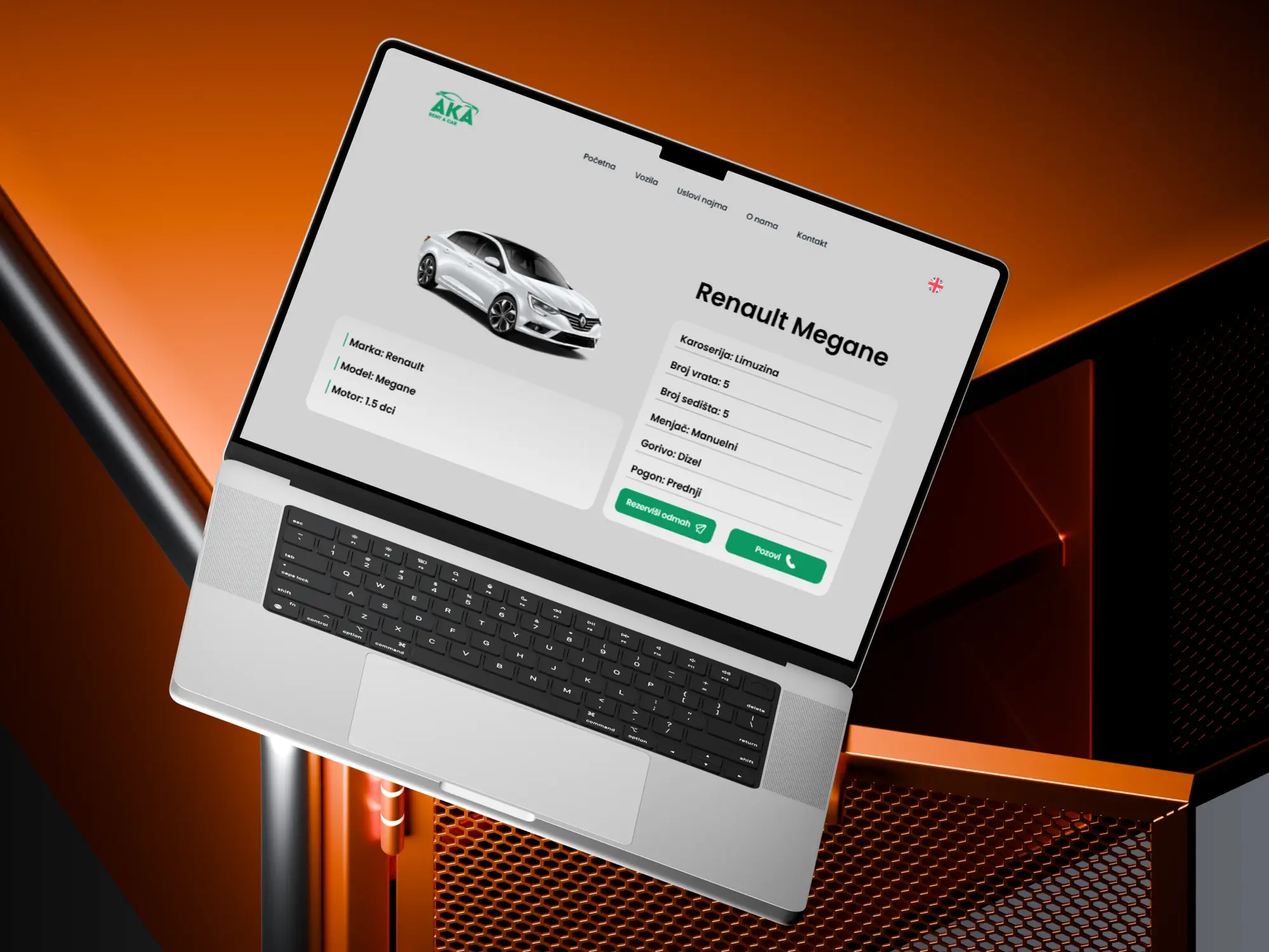 Vehicle details page for AKA Rent a Car featuring comprehensive car specifications and streamlined reservation options.