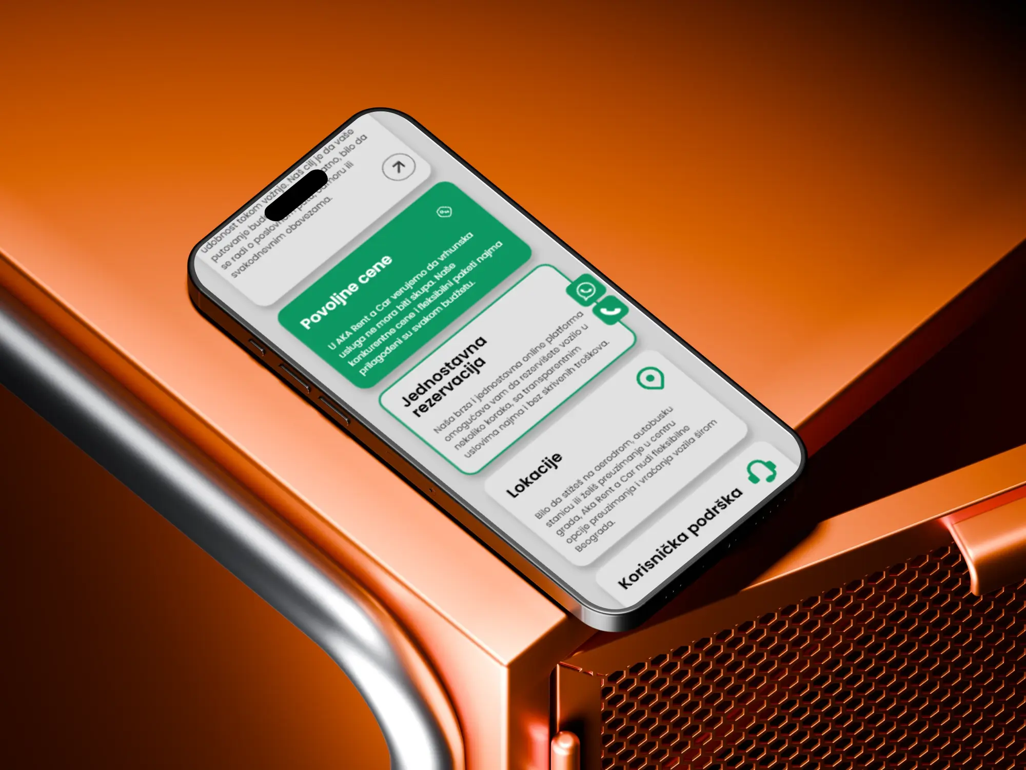 Mobile features section for AKA Rent a Car highlighting affordable pricing, easy reservations, multiple pickup locations, and customer support.