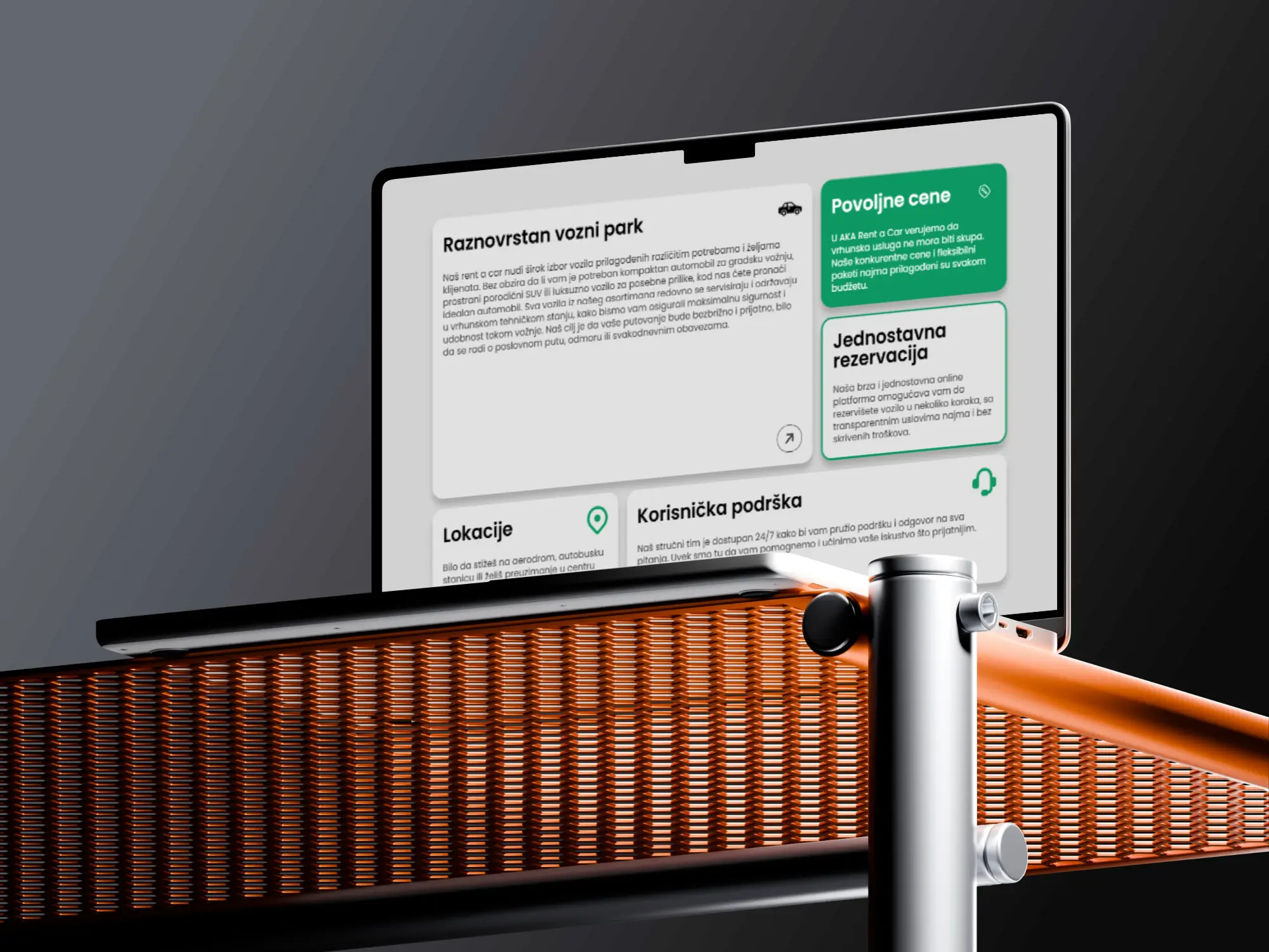 Benefits section for AKA Rent a Car highlighting fleet variety, competitive pricing, simple reservations, multiple pickup locations, and customer support.