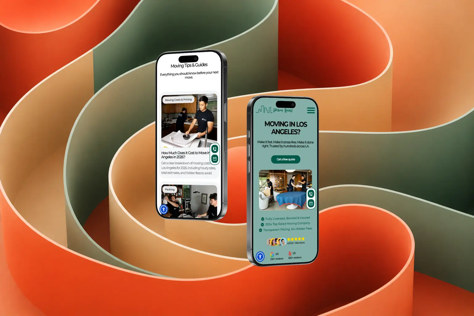 Mobile-responsive website design for Urban Moving Company showcasing the homepage and blog experience across smartphone devices.