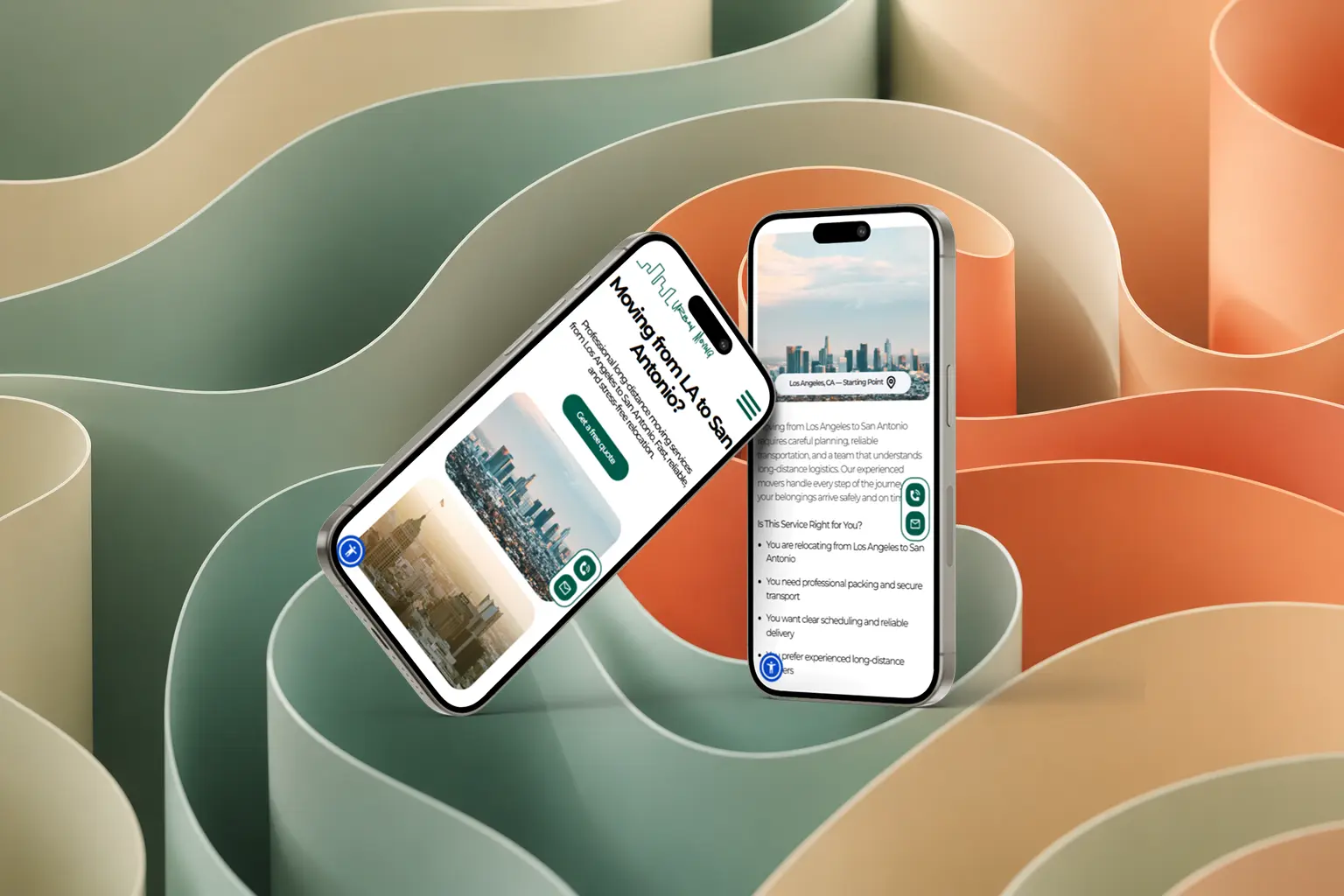 Mobile location page design for Urban Moving Company showcasing a long-distance moving route from Los Angeles to San Antonio with a responsive user experience.