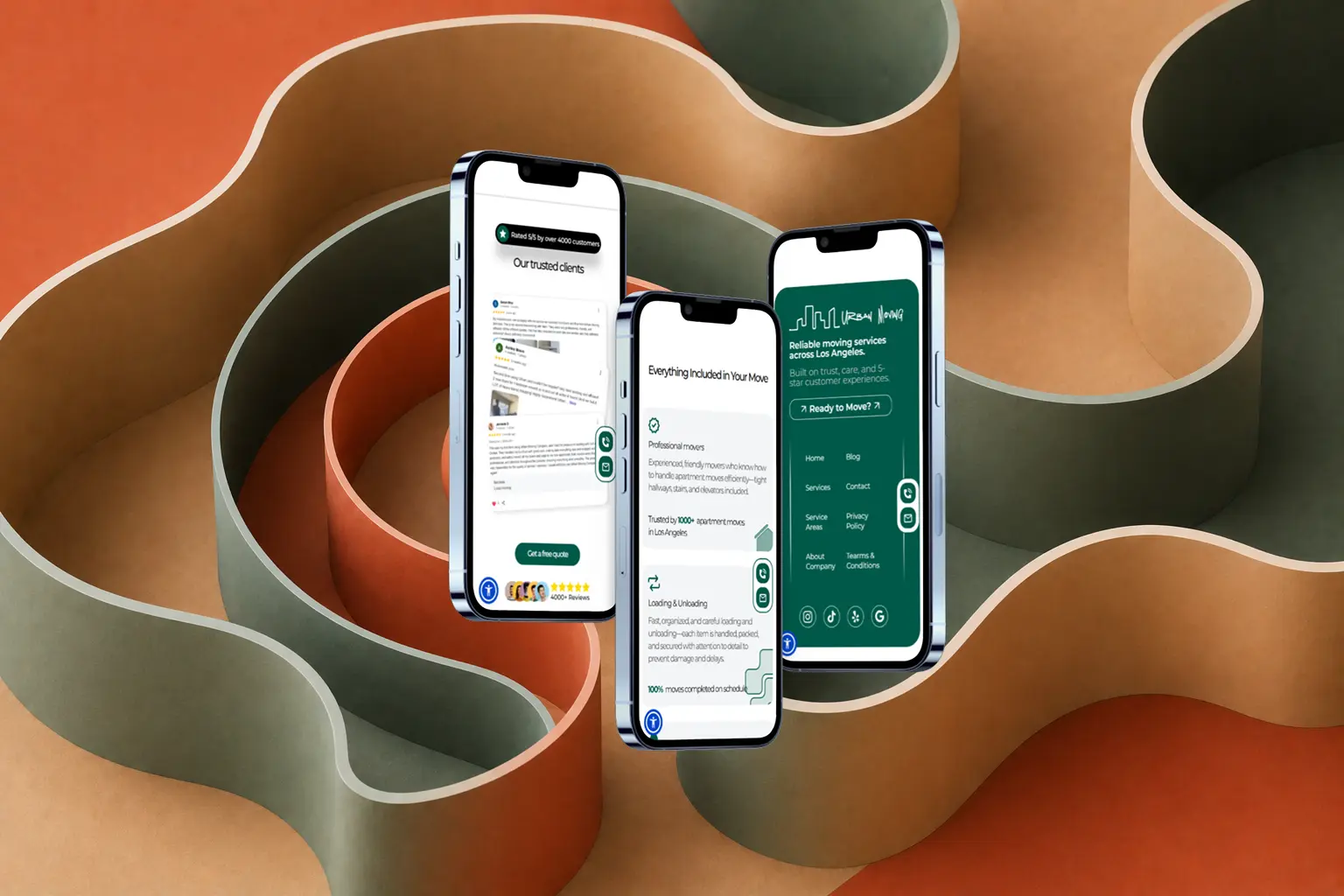 Mobile user experience for Urban Moving Company showcasing testimonials, service benefits, and responsive navigation across smartphone devices.