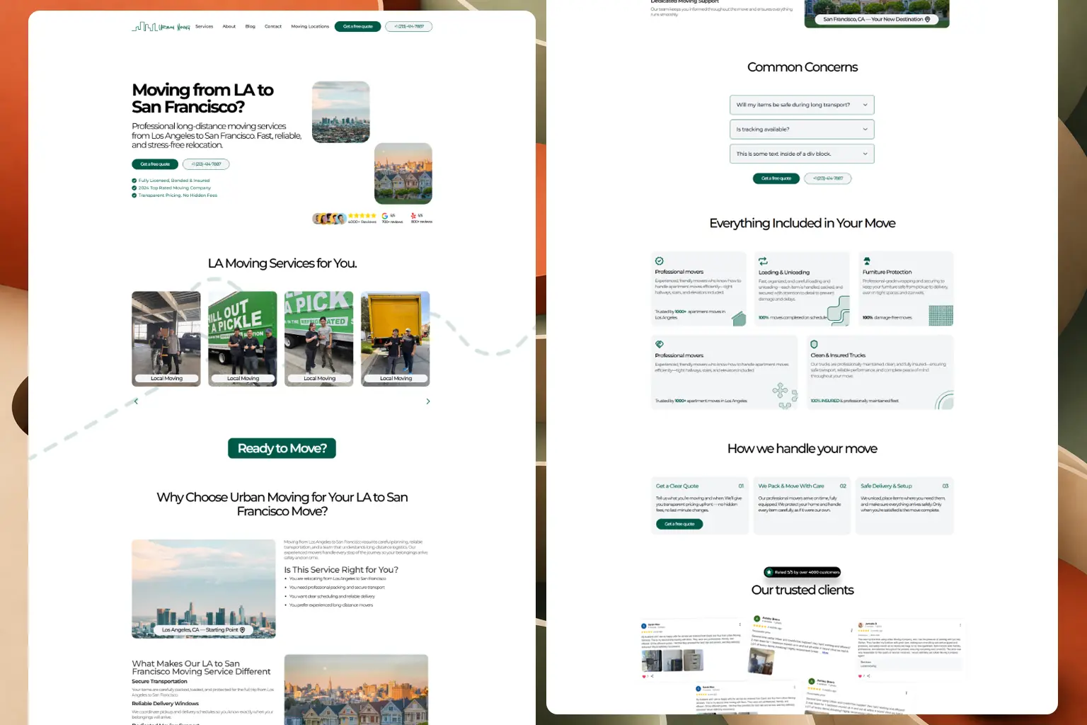 SEO-optimized location page for Urban Moving Company featuring long-distance moving information, service benefits, FAQs, customer reviews, and conversion-focused call-to-action sections.
