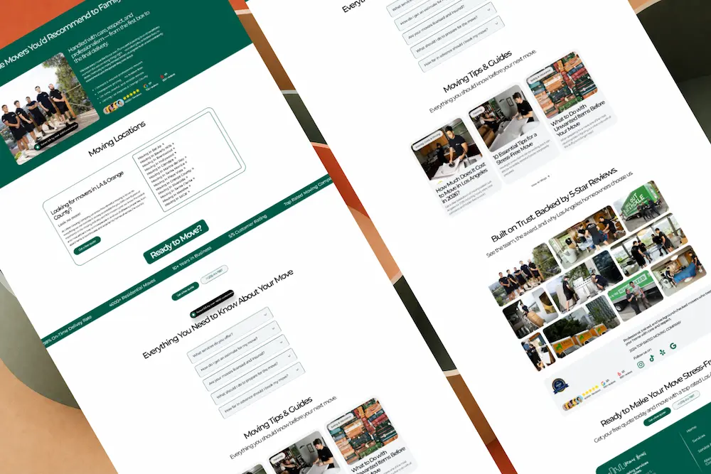 Long-distance moving location page showcasing service areas, FAQs, moving guides, customer reviews, and conversion-focused sections for Urban Moving Company.