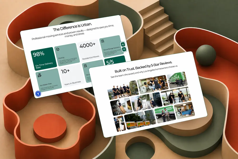 Trust-building section showcasing customer satisfaction metrics, moving company achievements, and real project photos for Urban Moving Company.