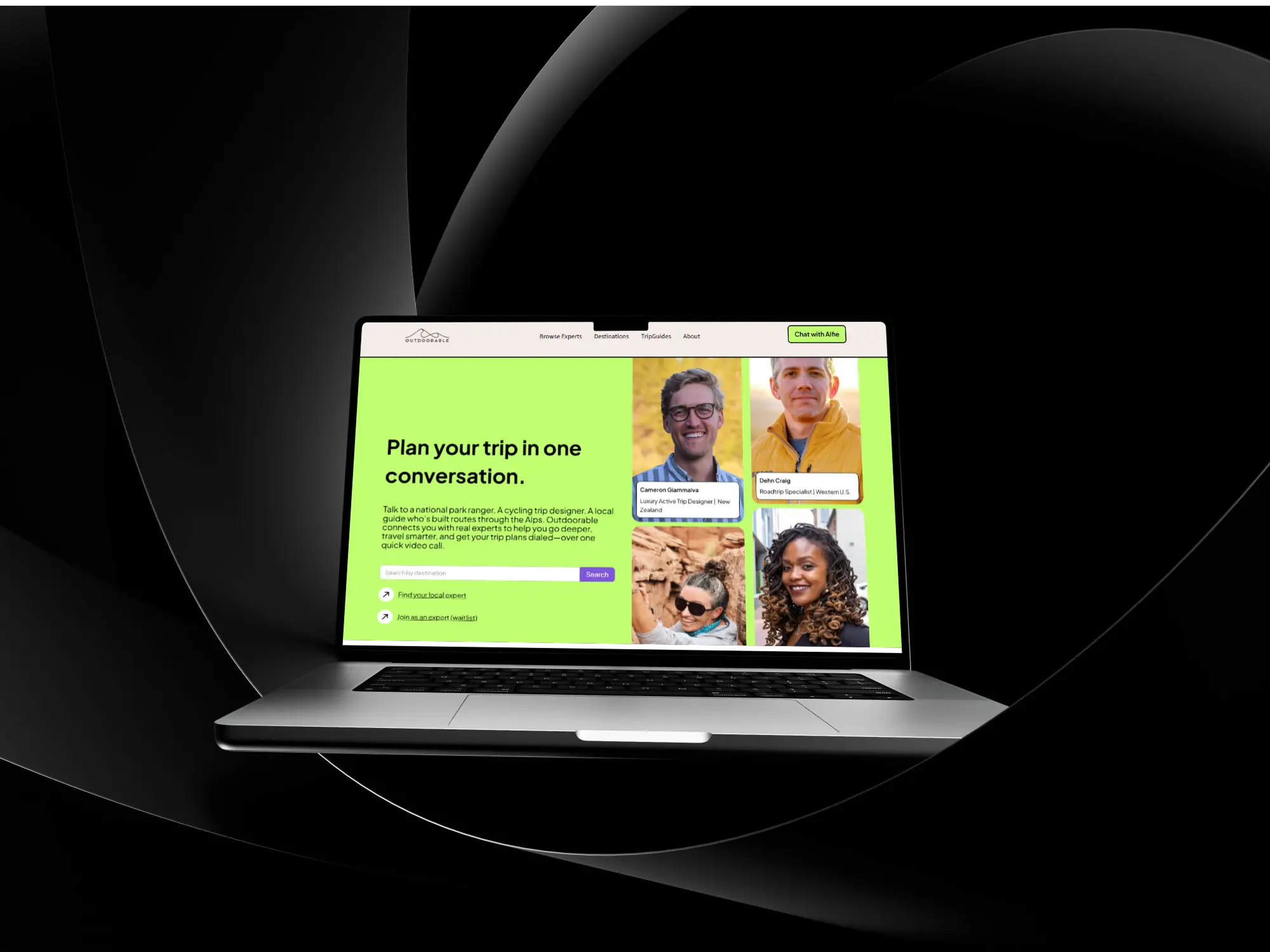 Outdoorable travel platform homepage displayed on a laptop mockup featuring expert-led trip planning