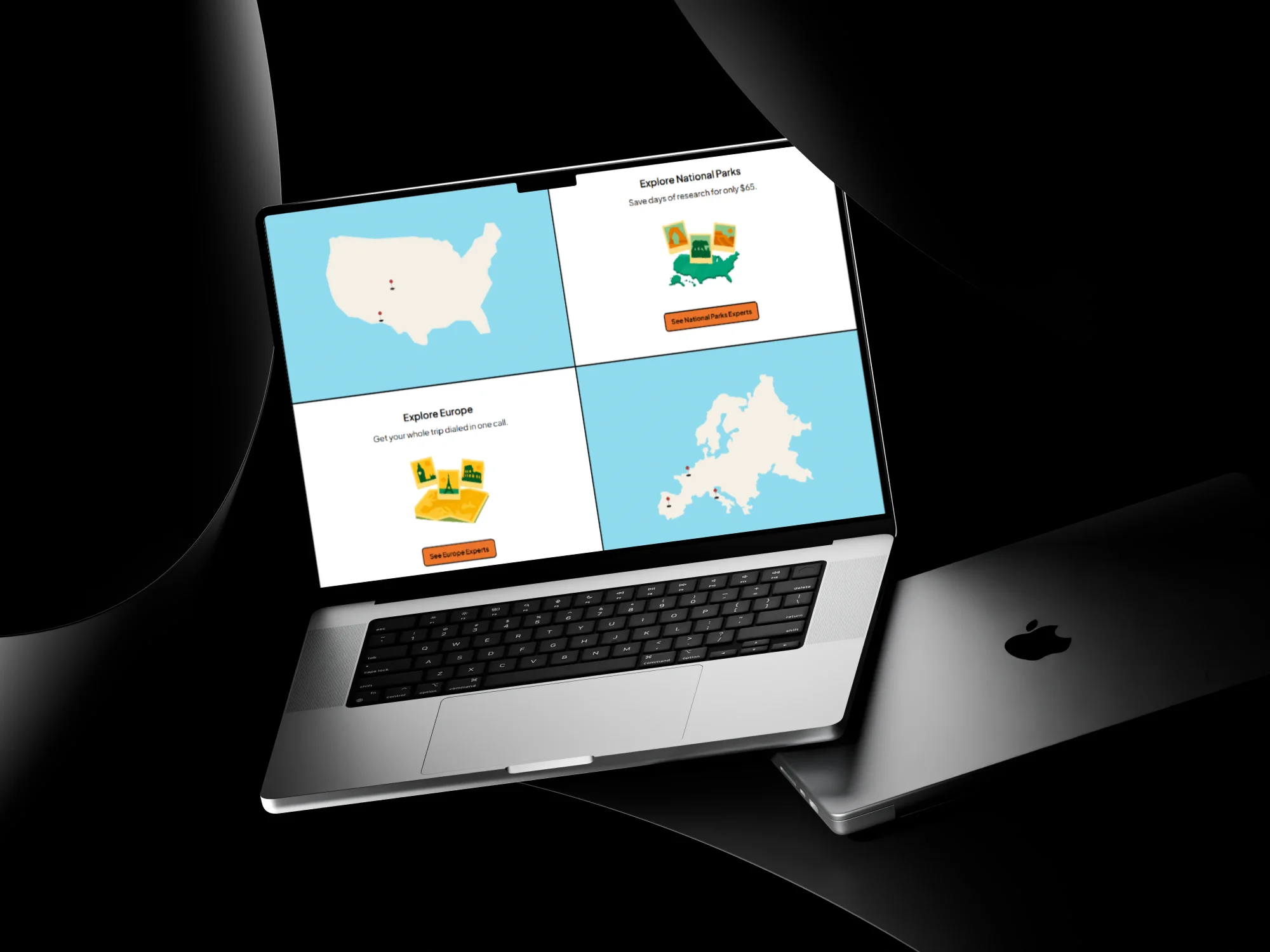 Destination explorer interface helping travelers discover outdoor adventures across the United States and Europe