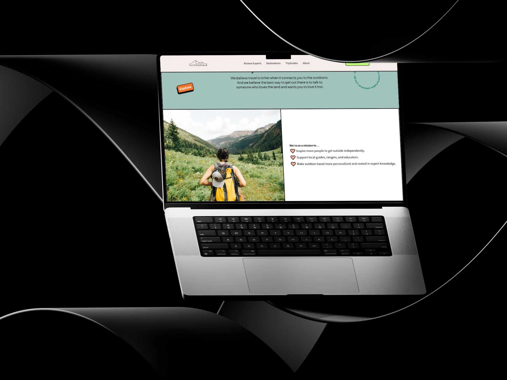 About section highlighting Outdoorable's mission to make outdoor travel more accessible through expert guidance