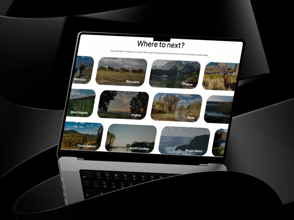 Destination discovery interface showcasing outdoor travel opportunities across the United States, Europe and Africa
