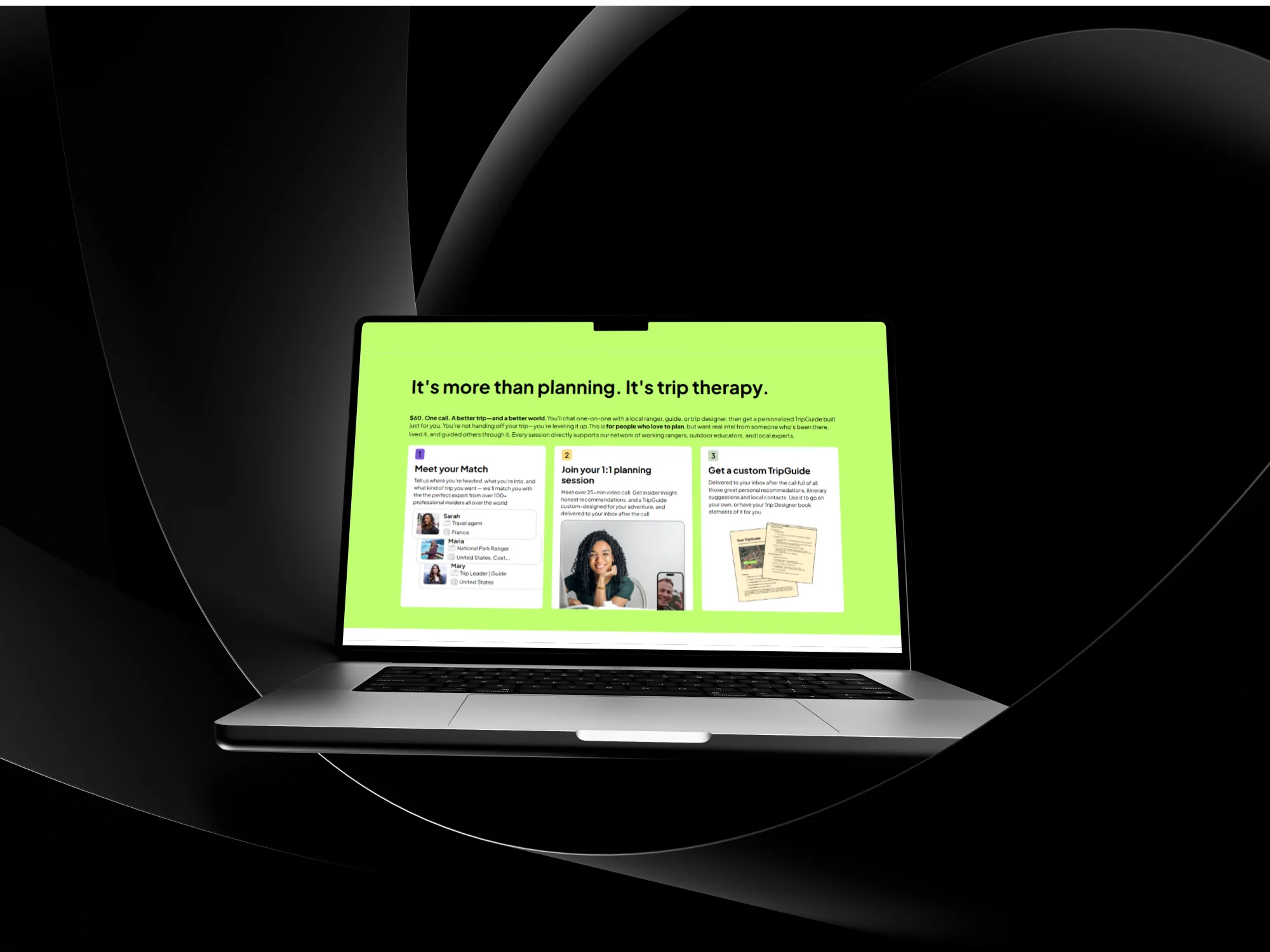 Three-step trip planning process connecting travelers with outdoor experts and personalized travel guides