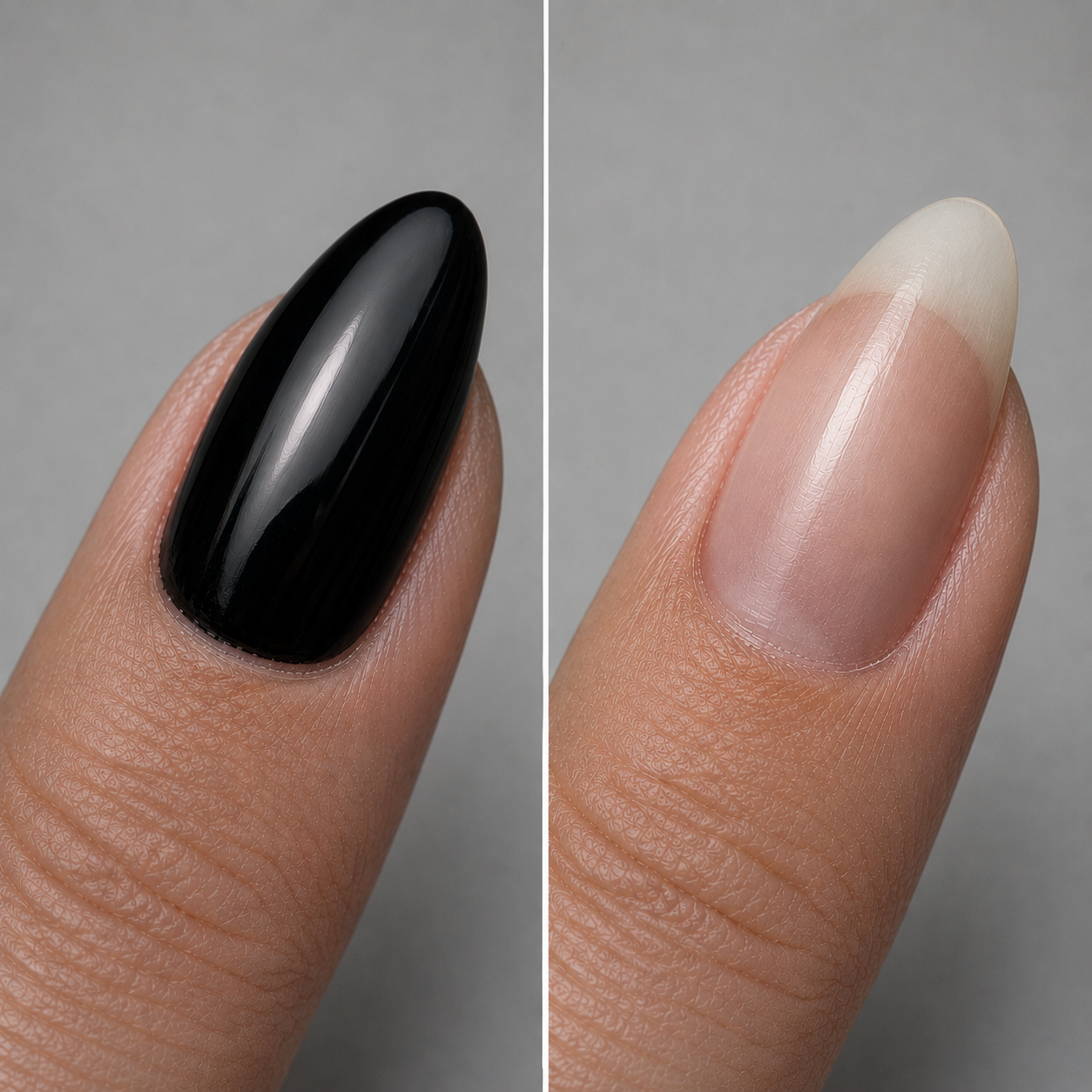 Hard gel removal — black gel before, clean nail after