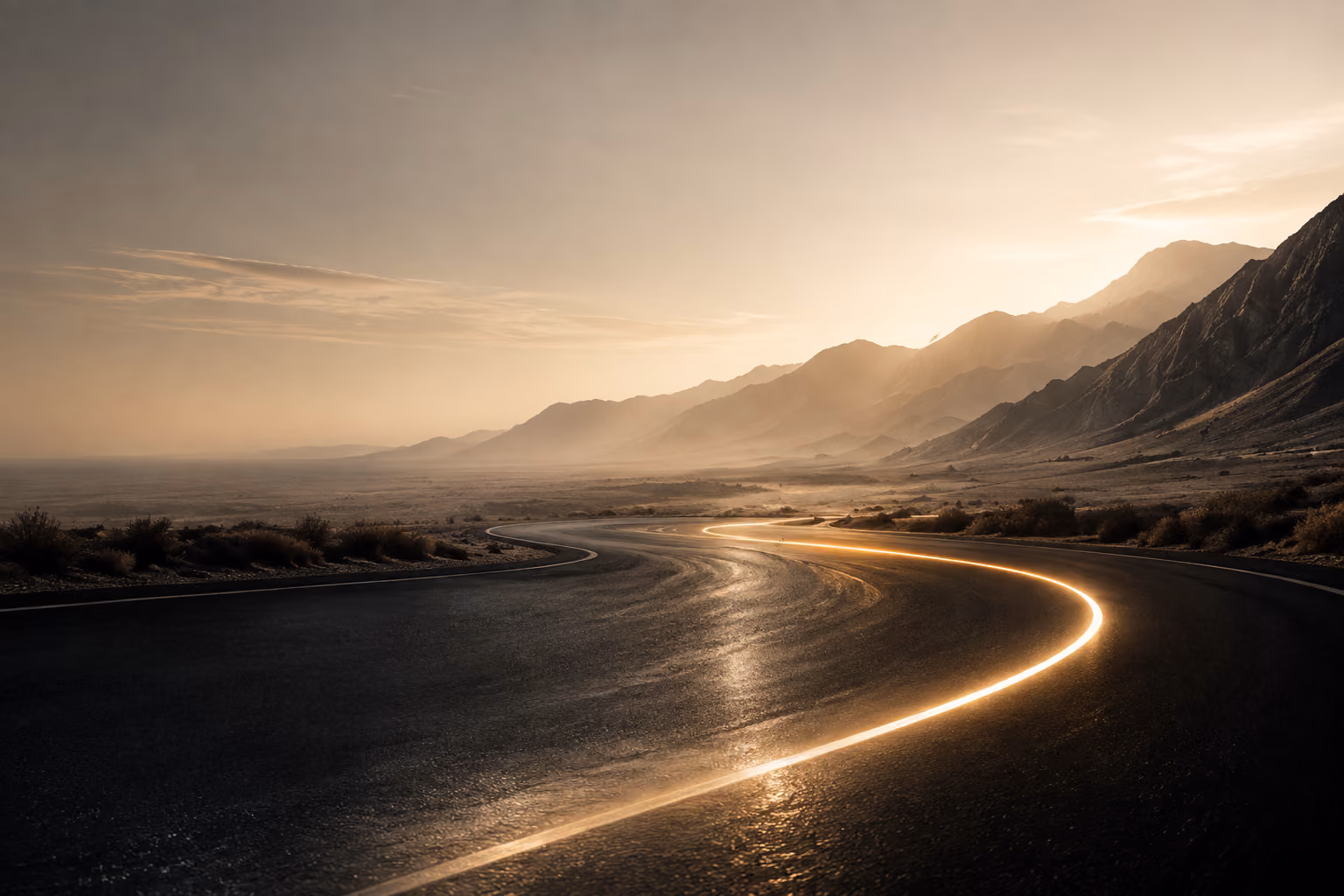 Desert highway at sunset