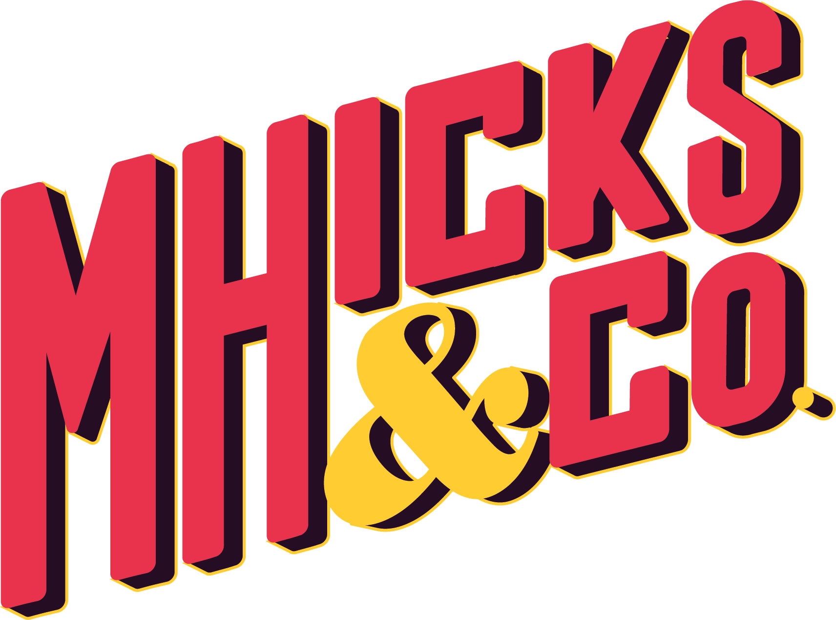 Bold 3D text logo saying MHICKS & CO. with red and yellow coloring and black shadows.