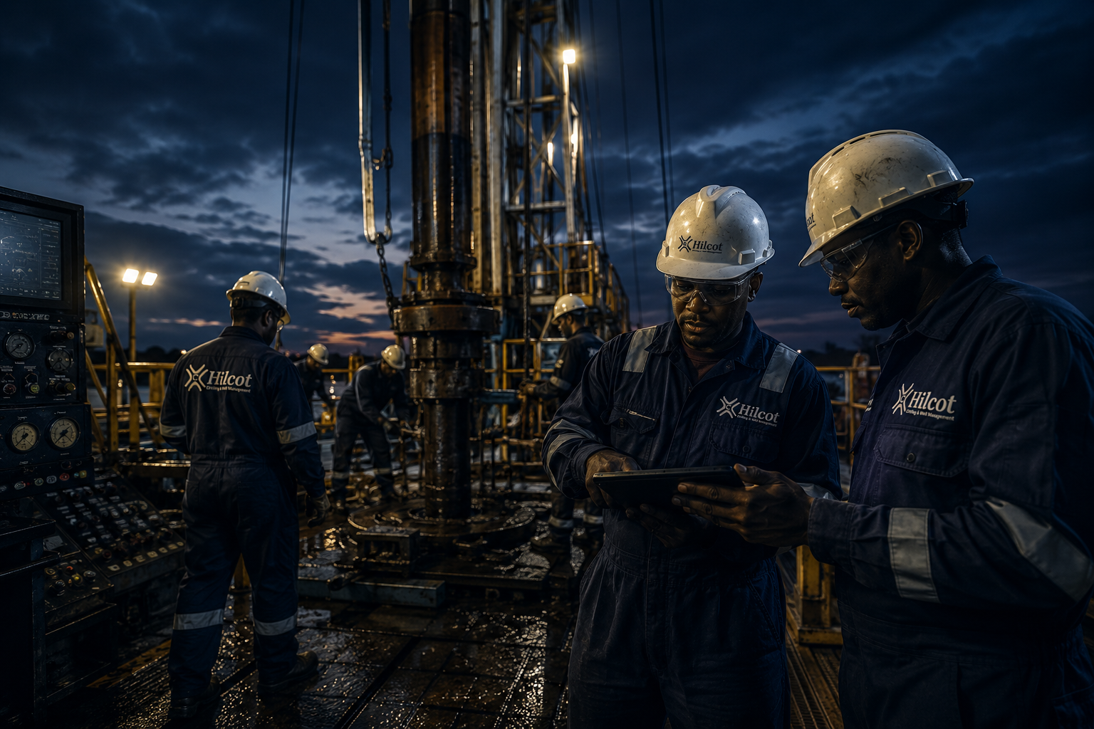 Hilcot operational personnel supervising drilling operations on rig floor