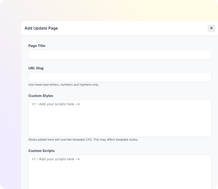 User interface form titled 'Add Update Page' with fields for Page Title, URL Slug, Custom Styles, and Custom Scripts, including instructions for input.