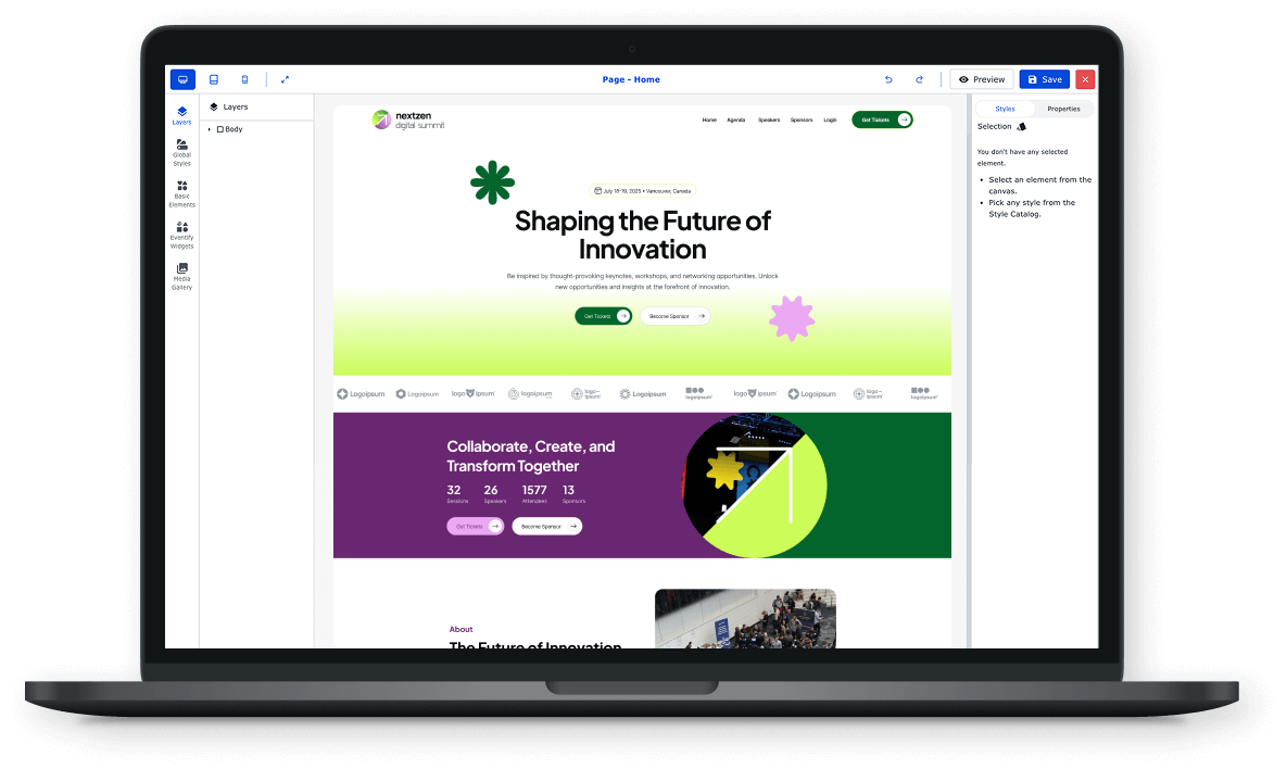 Laptop screen displaying a website design interface with a digital summit homepage featuring 'Shaping the Future of Innovation' headline and event details.