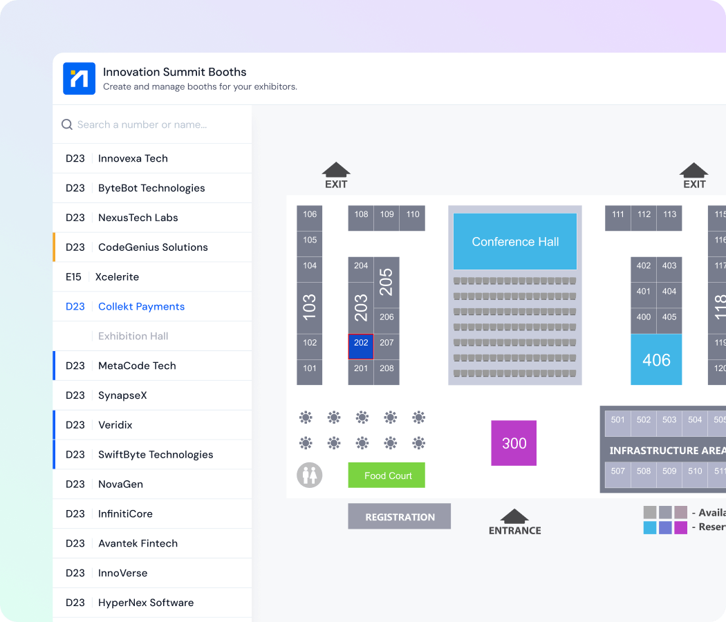 Floor map of Innovation Summit booths showing booth numbers, exhibition hall areas, conference hall, food court, registration, entrances and exits with color-coded availability status.