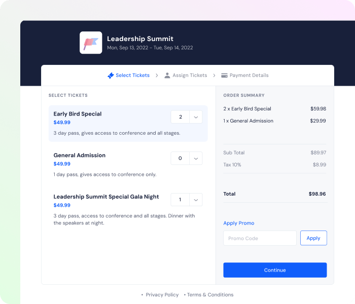 Leadership Summit ticket selection page showing options for Early Bird Special, General Admission, and Gala Night with quantities and order summary including subtotal, tax, and total price.