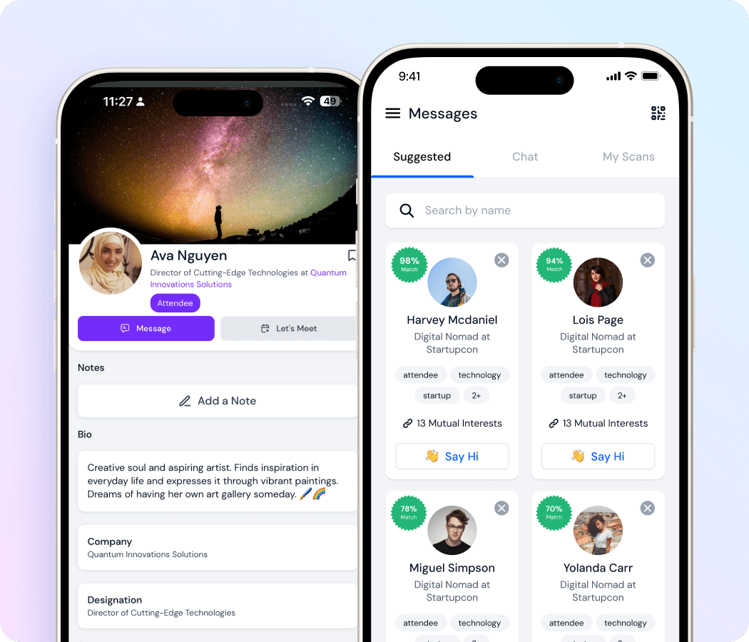 Two smartphone screens showing a professional networking app with profile details and suggested connections.
